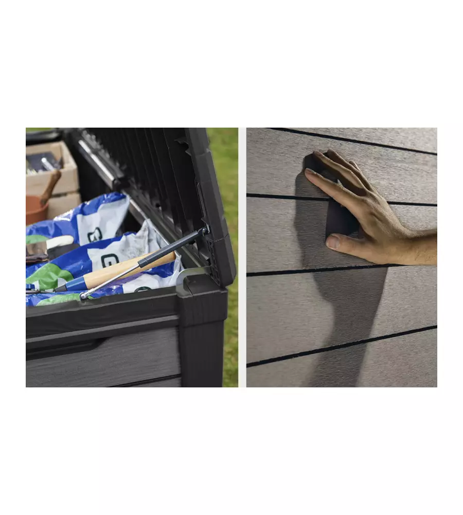 Baule da esterno keter "brushwood" in resina grafite effetto legno 454 lt 145x69,7x60,3 cm